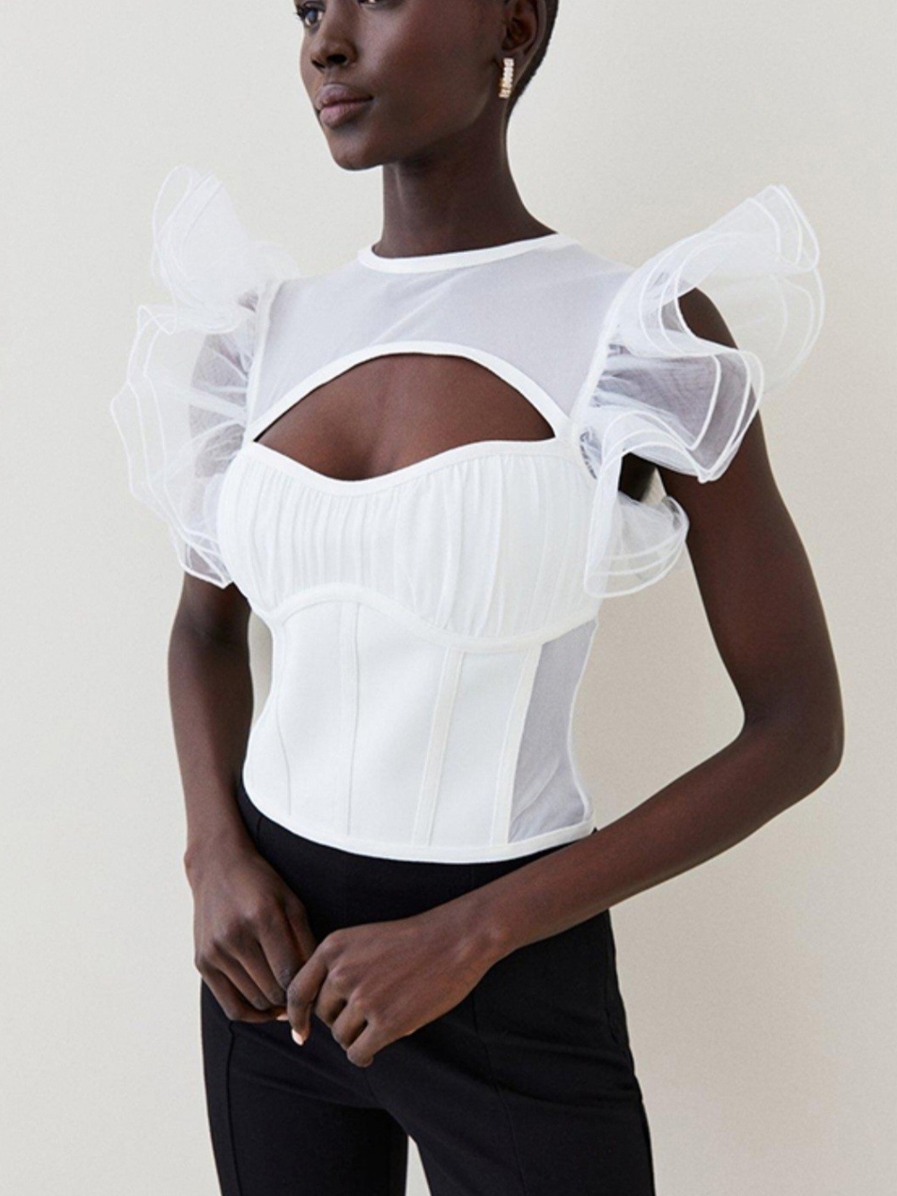 Karen Millen White Sheer Corset Top with Ruffle Sleeves Size S. NWT.